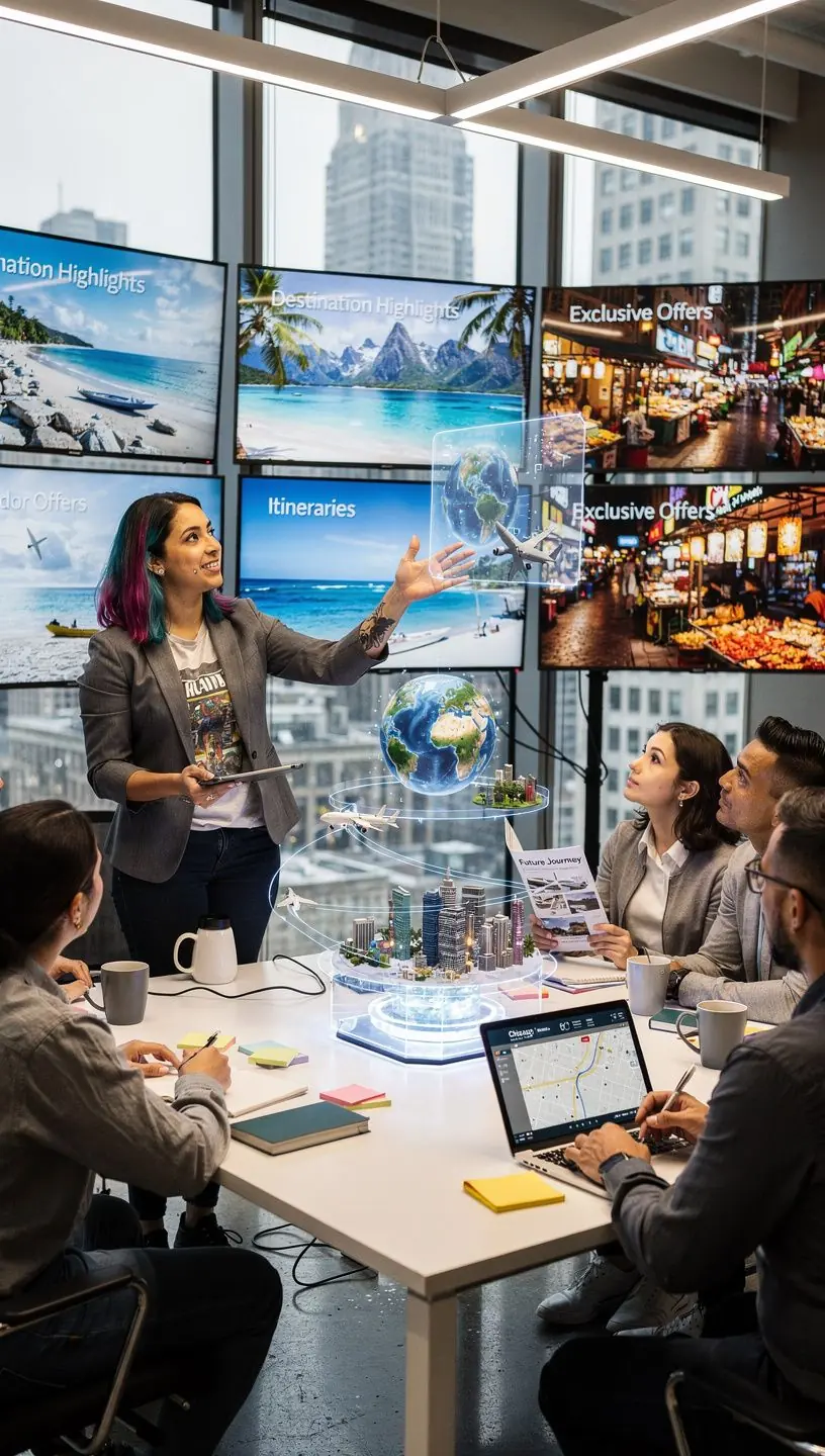 Zdjęcie konsultanta podróży omawiającego szczegóły planowania wyjazdu z klientem w biurze.